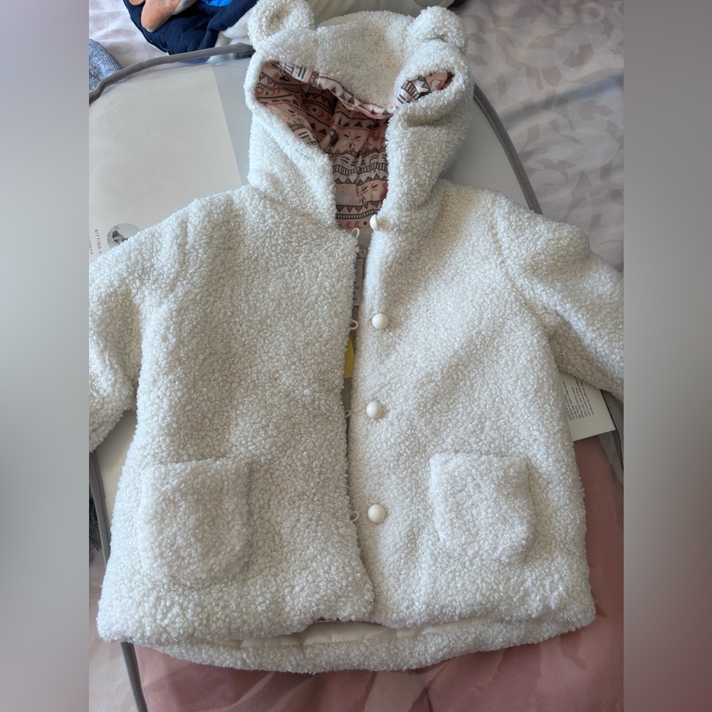 Cozy White Girls Jacket with Bear Ears - 24 months